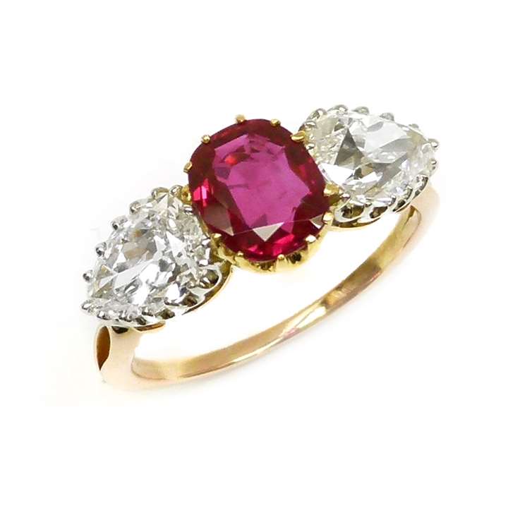 Three stone Burma ruby and diamond ring